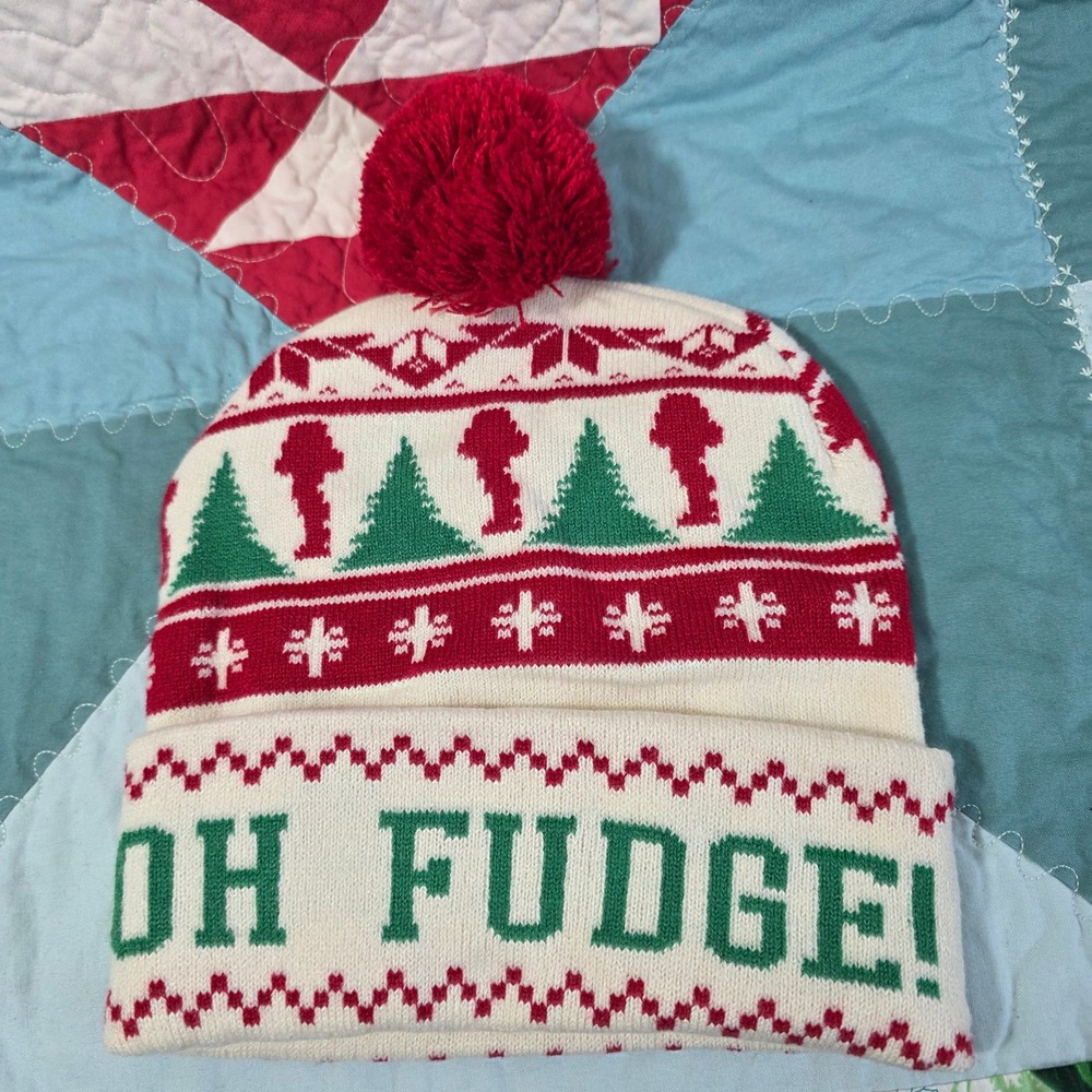 A Christmas Story Oh Fudge Beanie Hat‎ Red White Green Pom Pom Knit Cap Adult OS